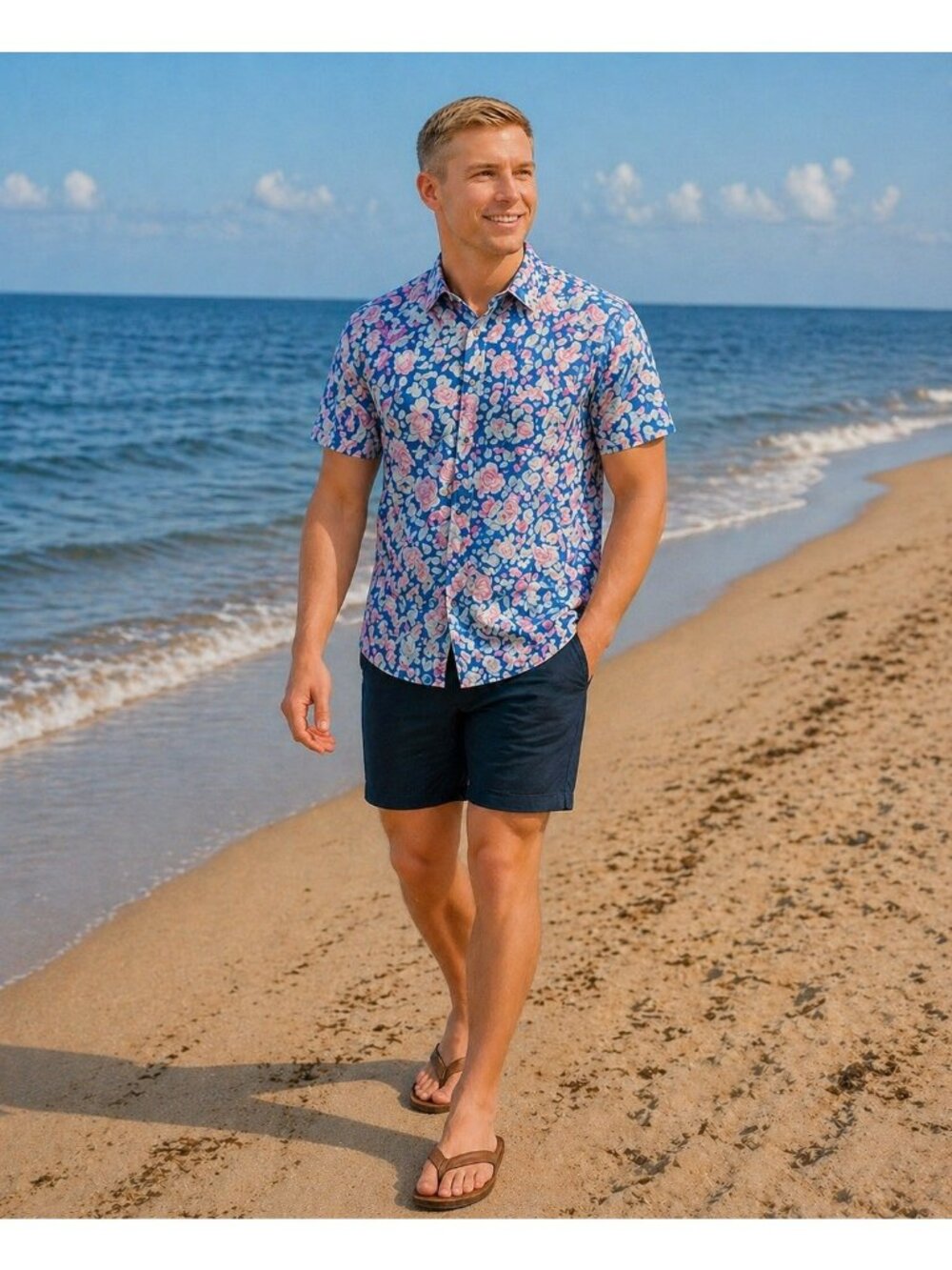Bad Birdie Floral Polo Short Sleeve Golf Shirt Mens Medium Blue Pink Roses NEW